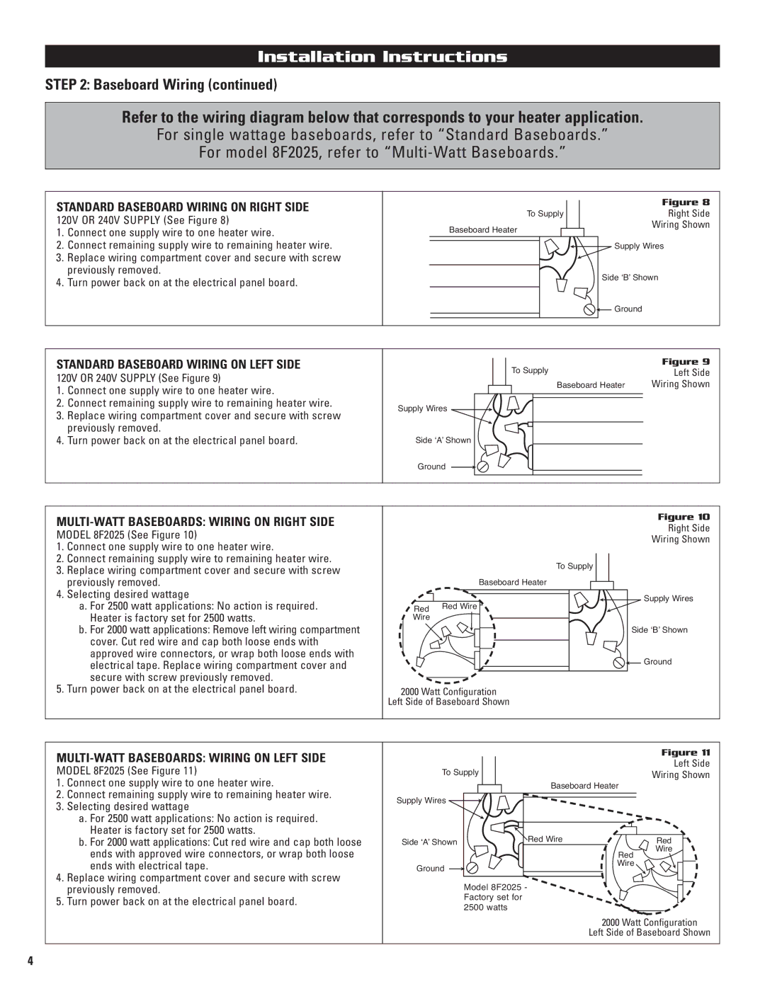 Cadet 5F1250-8, 4F1000, 2F350, 8F2000 Standard Baseboard Wiring on Right Side, Standard Baseboard Wiring on Left Side 