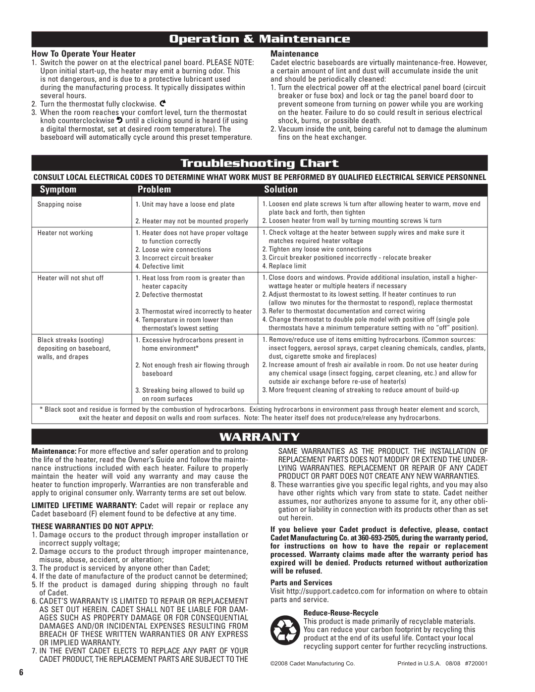 Cadet 2F500, 5F1250-8, 4F1000, 2F350 Operation & Maintenance, Troubleshooting Chart, Warranty, These Warranties do not Apply 