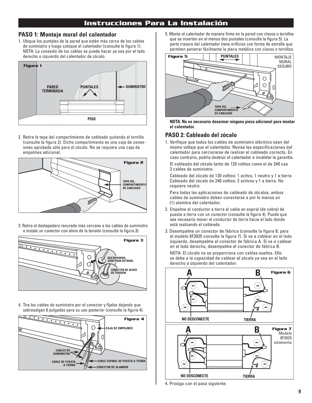 Cadet 5F1250-8, 4F1000, 2F350, 8F2000, 6F1500-8, 2F500 Paso 1 Montaje mural del calentador, Paso 2 Cableado del zócalo 