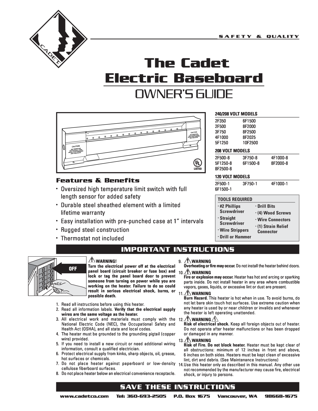 Cadet 4F1000, 2F350 warranty The Cadet Electric Baseboard, Owner’S Guide, Important Instructions, Save These Instructions 