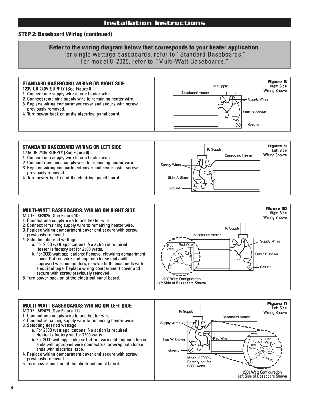 Cadet 5F1250-8, 4F1000 Installation Instructions, Baseboard Wiring continued, Standard Baseboard Wiring On Right Side 