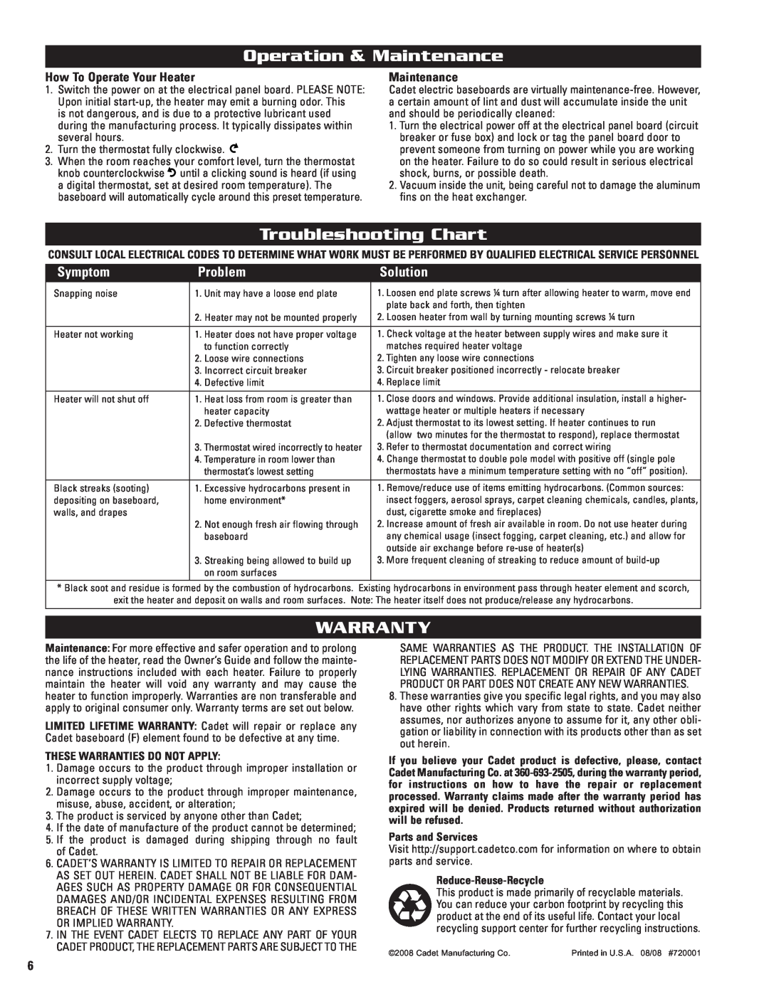 Cadet 2F500 Operation & Maintenance, Troubleshooting Chart, Warranty, Symptom, Problem, Solution, Parts and Services 