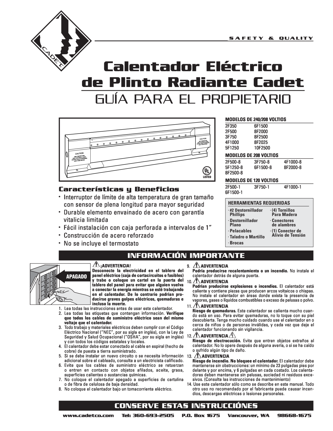 Cadet 3F750 Calentador Eléctrico de Plinto Radiante Cadet, Guía Para El Propietario, Información Importante, Tornillos 