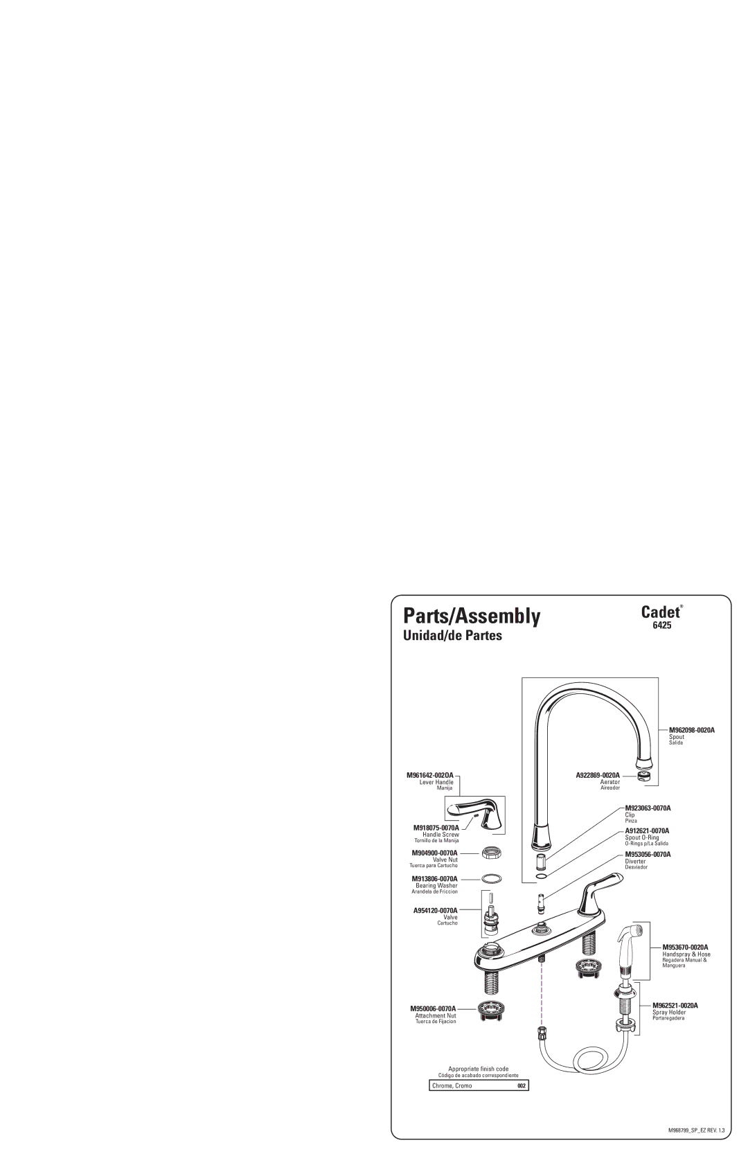 Cadet Cadet Kitchen Faucet, 6425 warranty Parts/Assembly, Unidad/de Partes 