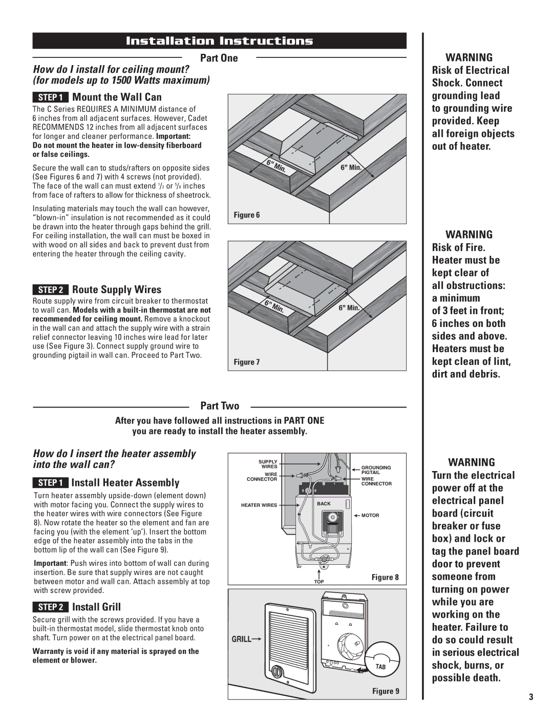 Cadet Risk of Electrical Shock. Connect Mount the Wall Can, Grounding lead, feet in front, Part Two, Install Grill 