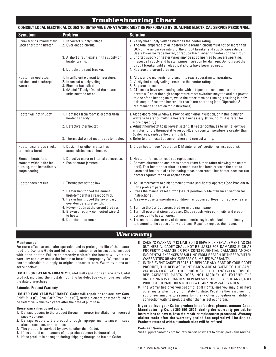 Cadet warranty Troubleshooting Chart, Warranty 