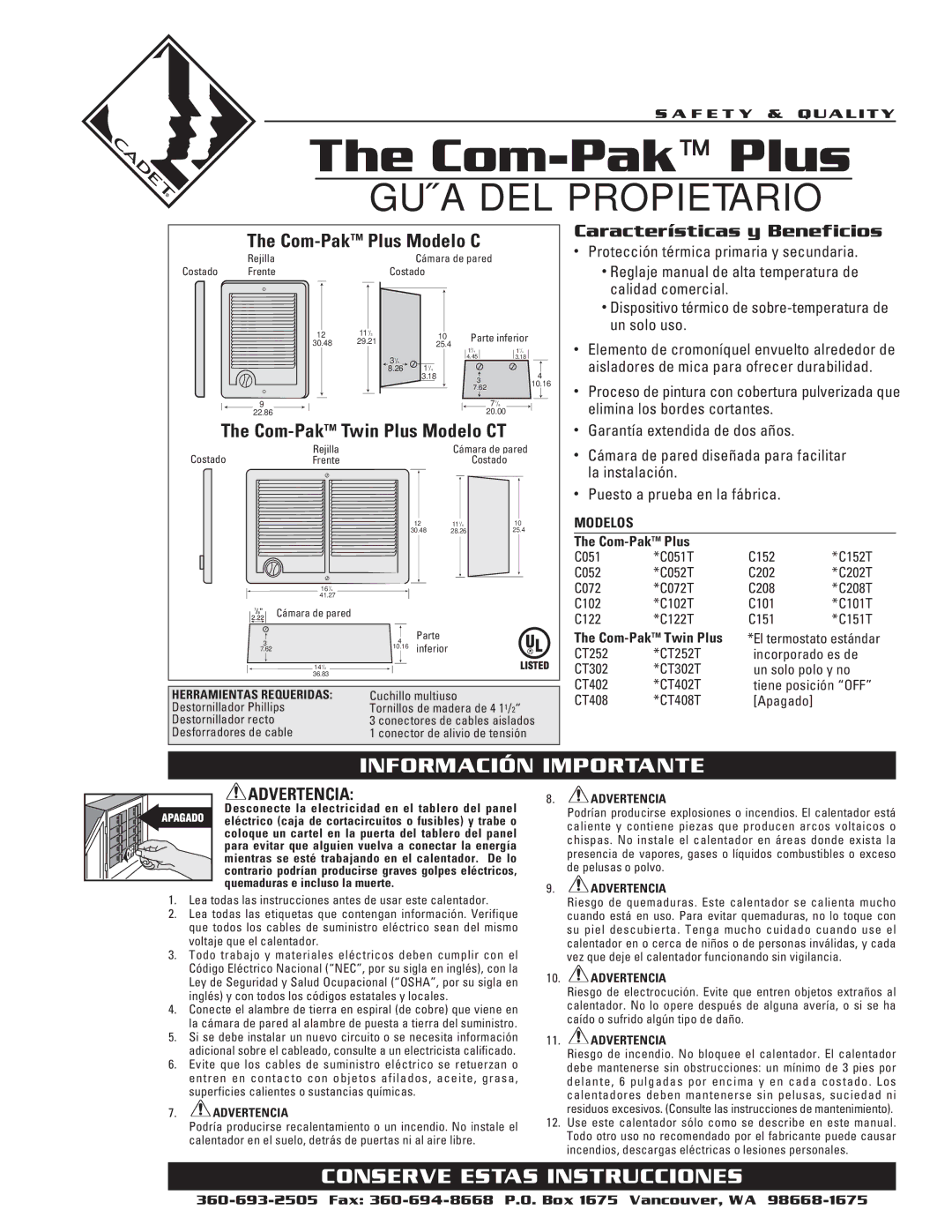 Cadet warranty Com-Pak Plus, Características y Beneficios 