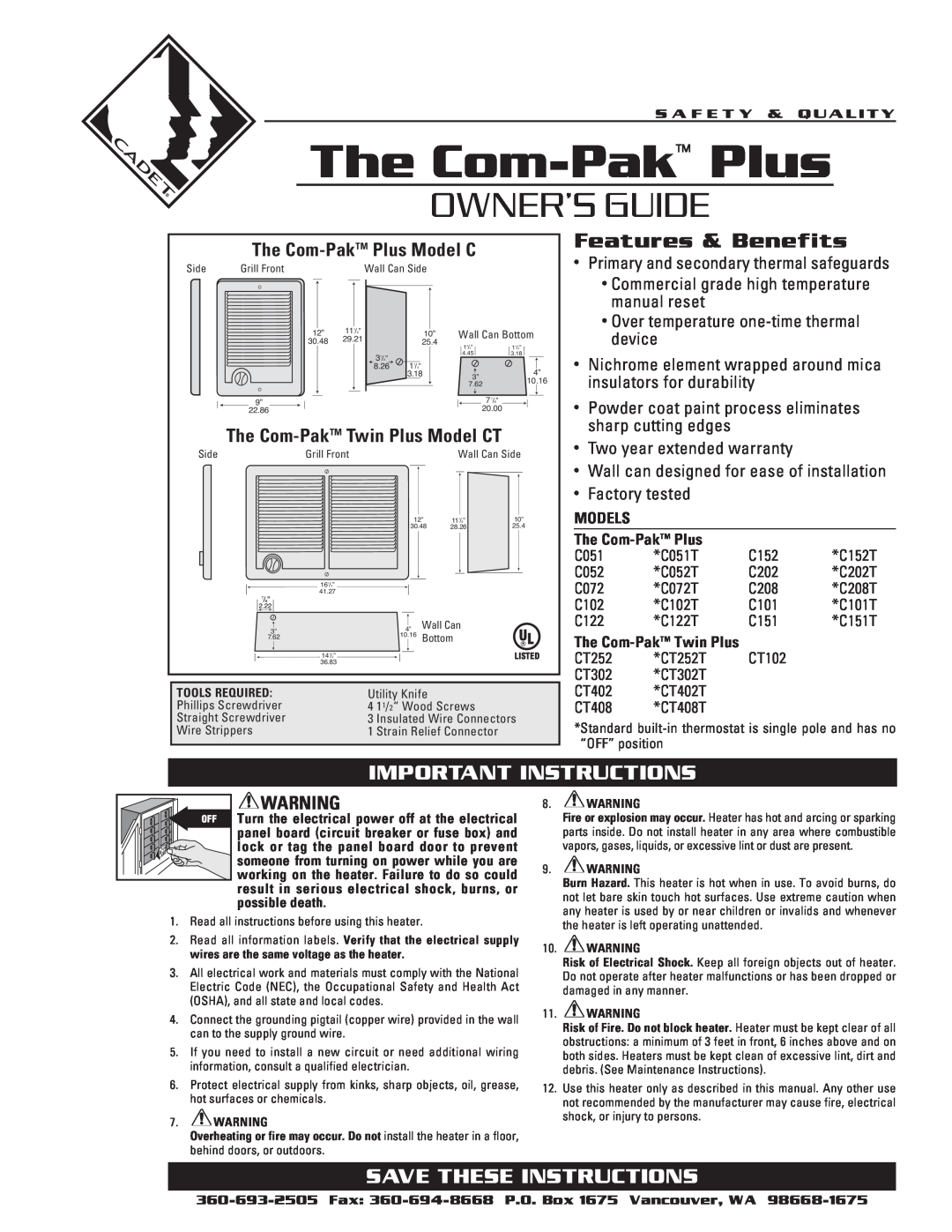 Cadet warranty The Com-Pak Plus, Owner’S Guide, Features & Benefits, Important Instructions, Save These Instructions 