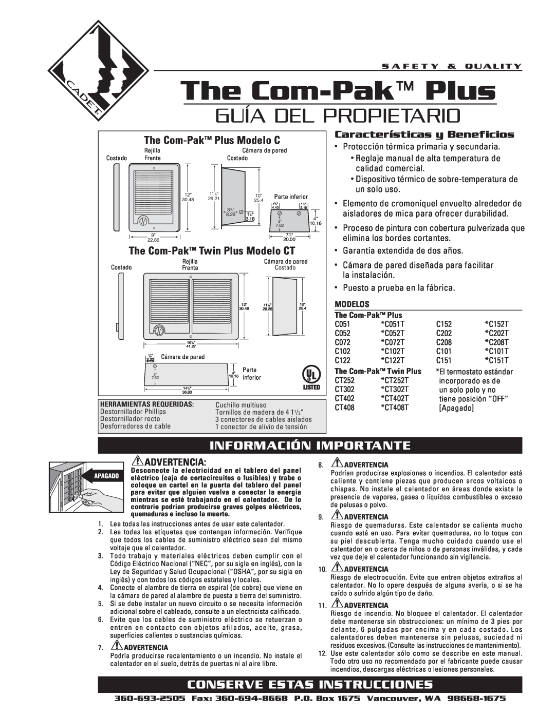 Cadet warranty The Com-PakPlus, Guía Del Propietario, Información Importante, Conserve Estas Instrucciones 