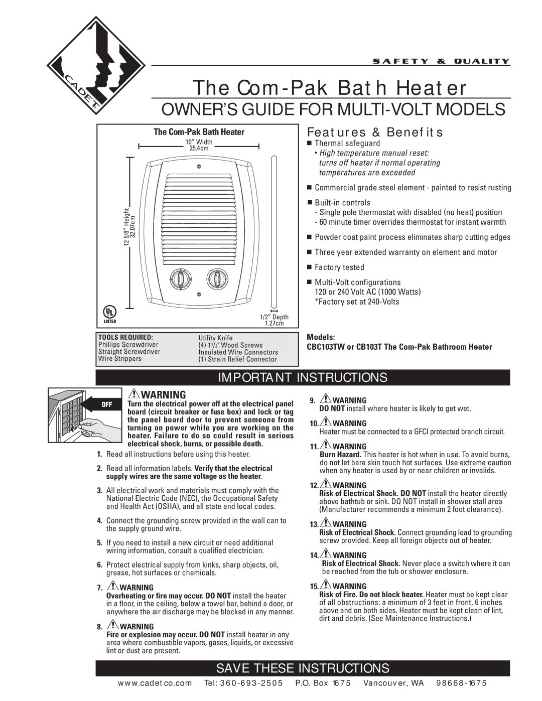 Cadet CB103T, CBC103TW warranty Com-Pak Bath Heater, Read all instructions before using this heater 