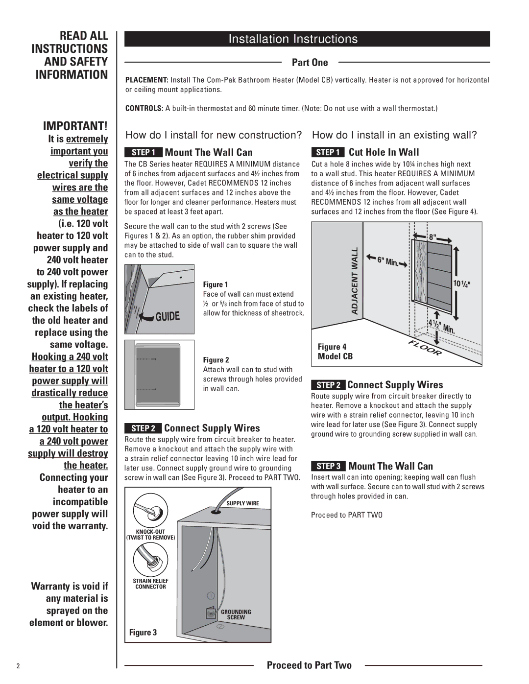 Cadet CBC103TW, CB103T warranty Installation Instructions, How do I install for new construction? 