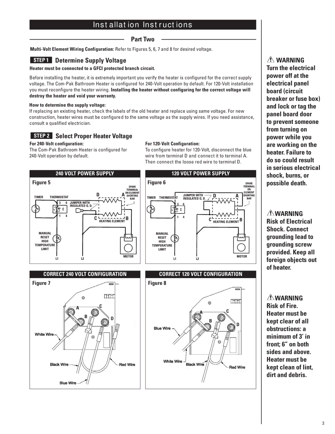 Cadet CB103T, CBC103TW Part Two, Determine Supply Voltage, Select Proper Heater Voltage, Risk of Electrical Shock. Connect 