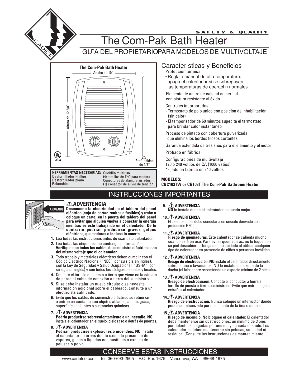 Cadet CBC103TW, CB103T warranty Garantía extendida de tres años para el elemento y el motor 