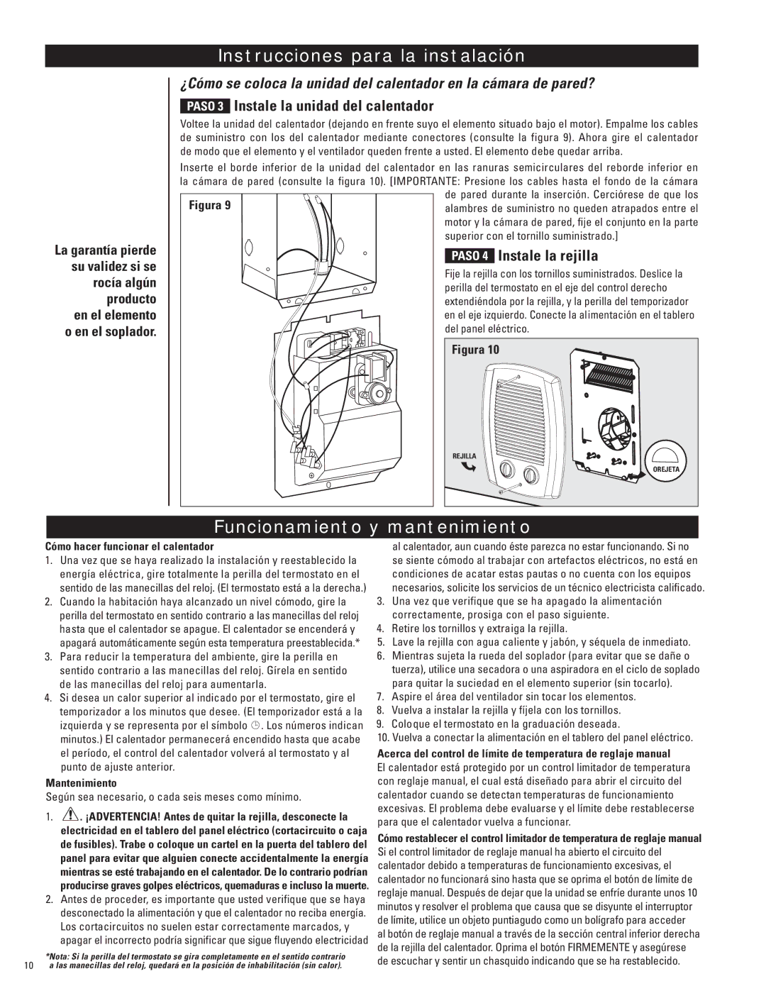 Cadet CB103T, CBC103TW Funcionamiento y mantenimiento, Paso 3 Instale la unidad del calentador, Paso 4 Instale la rejilla 