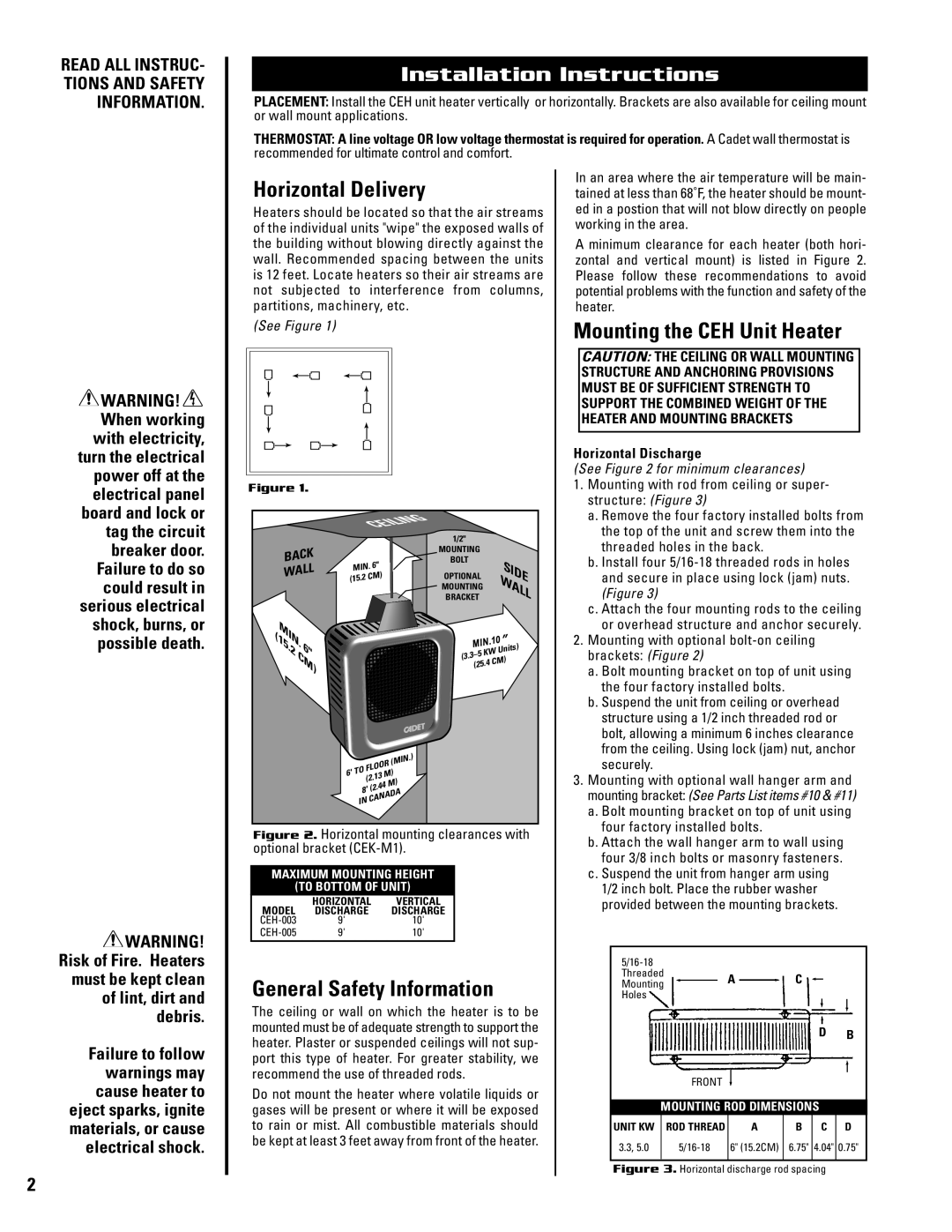 Cadet CEH-005M Installation Instructions, Horizontal Delivery, General Safety Information, Mounting the CEH Unit Heater 