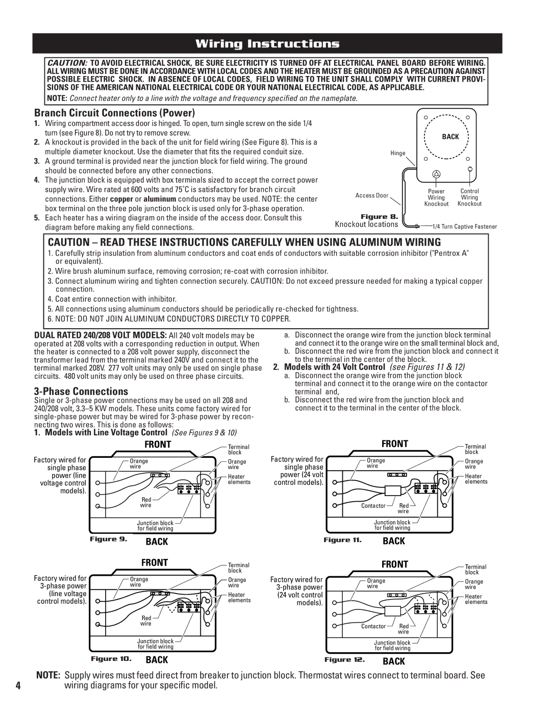 Cadet CEH-005PB, CEH-005MB, CEH-003R, CEH-003PB Wiring Instructions, Branch Circuit Connections Power, Phase Connections 