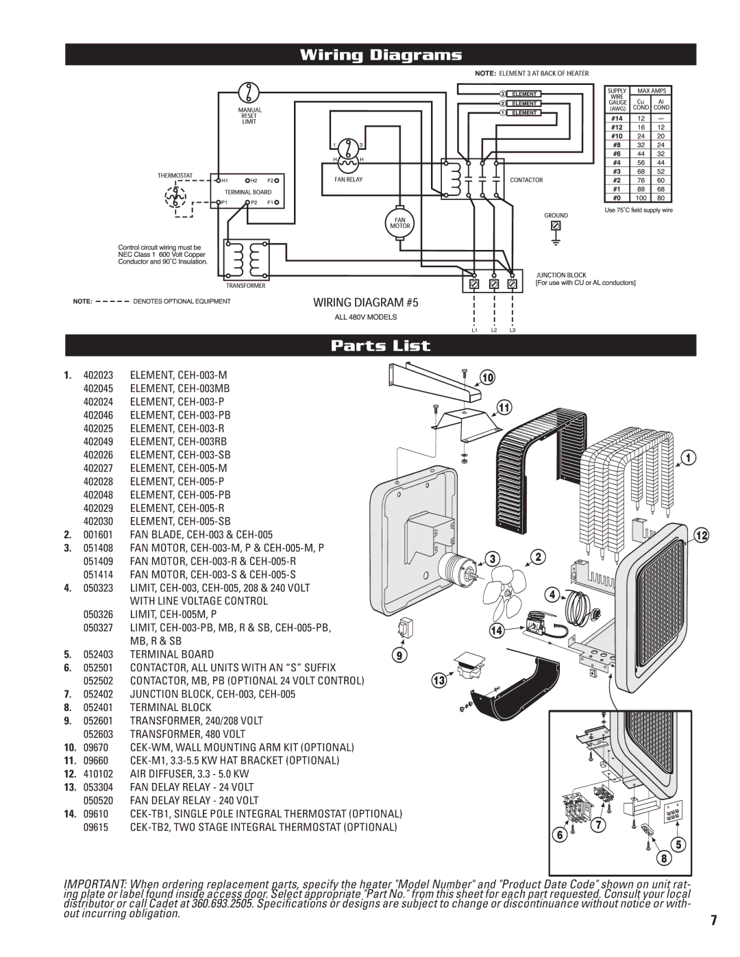 Cadet CEH-003M Wiring Diagrams Parts List, 050326, LIMIT, CEH-003-PB, MB, R & SB, CEH-005-PB, TRANSFORMER, 240/208 Volt 