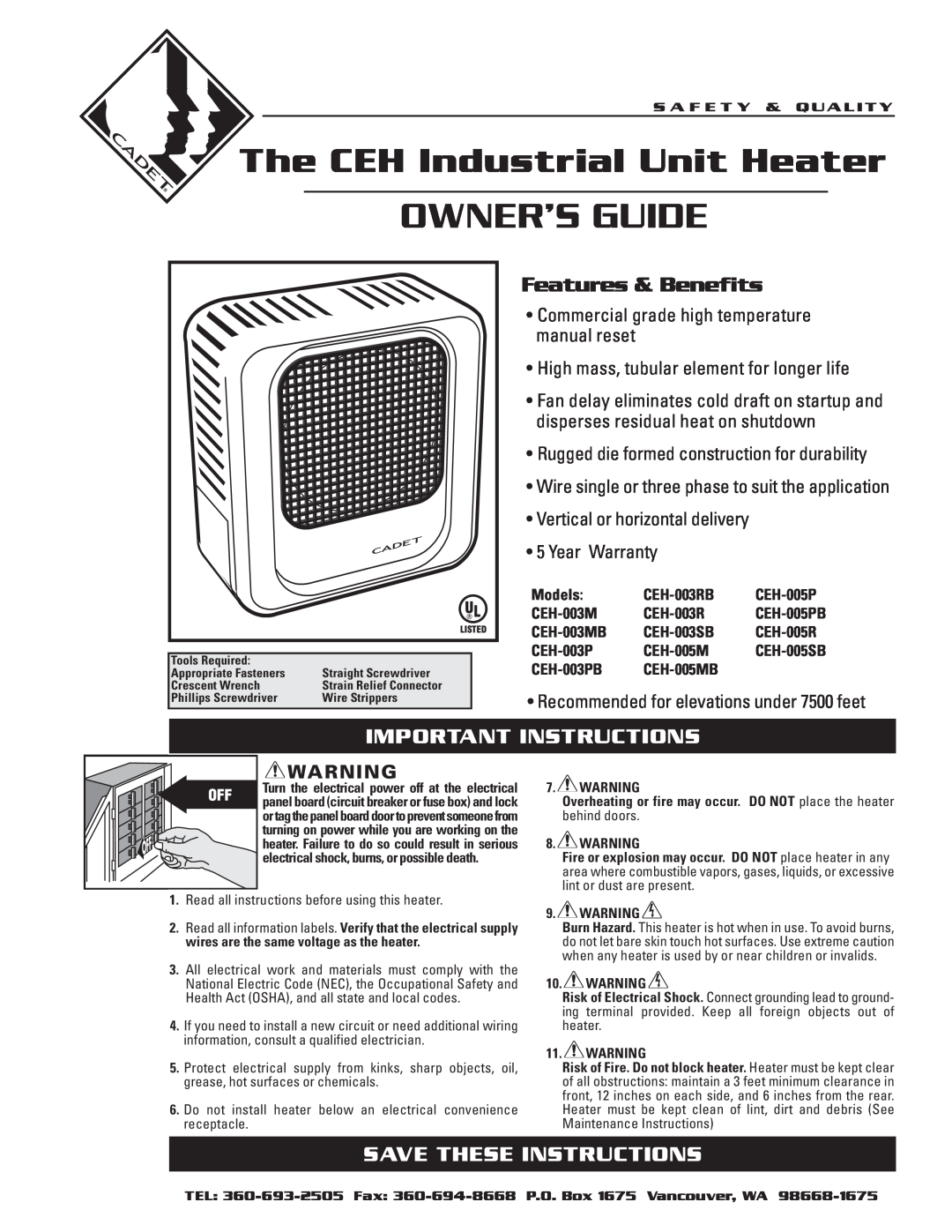 Cadet CEH-005MB, CEH-005P warranty Features & Benefits, Important Instructions, Save These Instructions, Owner’S Guide 