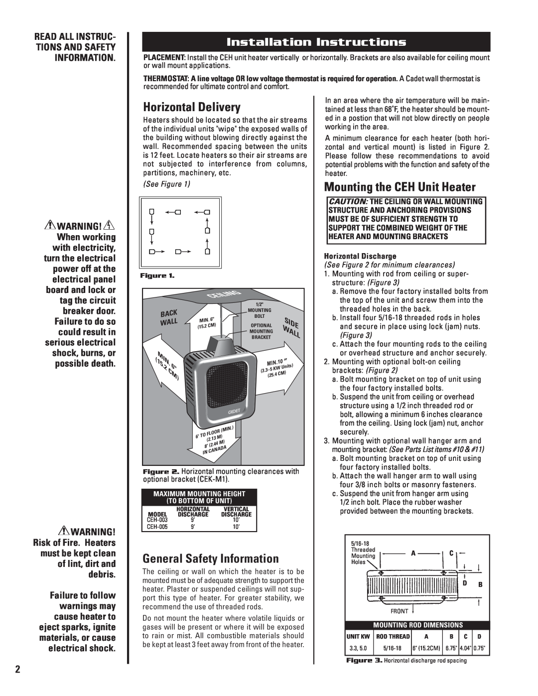 Cadet CEH-005M Installation Instructions, Horizontal Delivery, General Safety Information, Mounting the CEH Unit Heater 