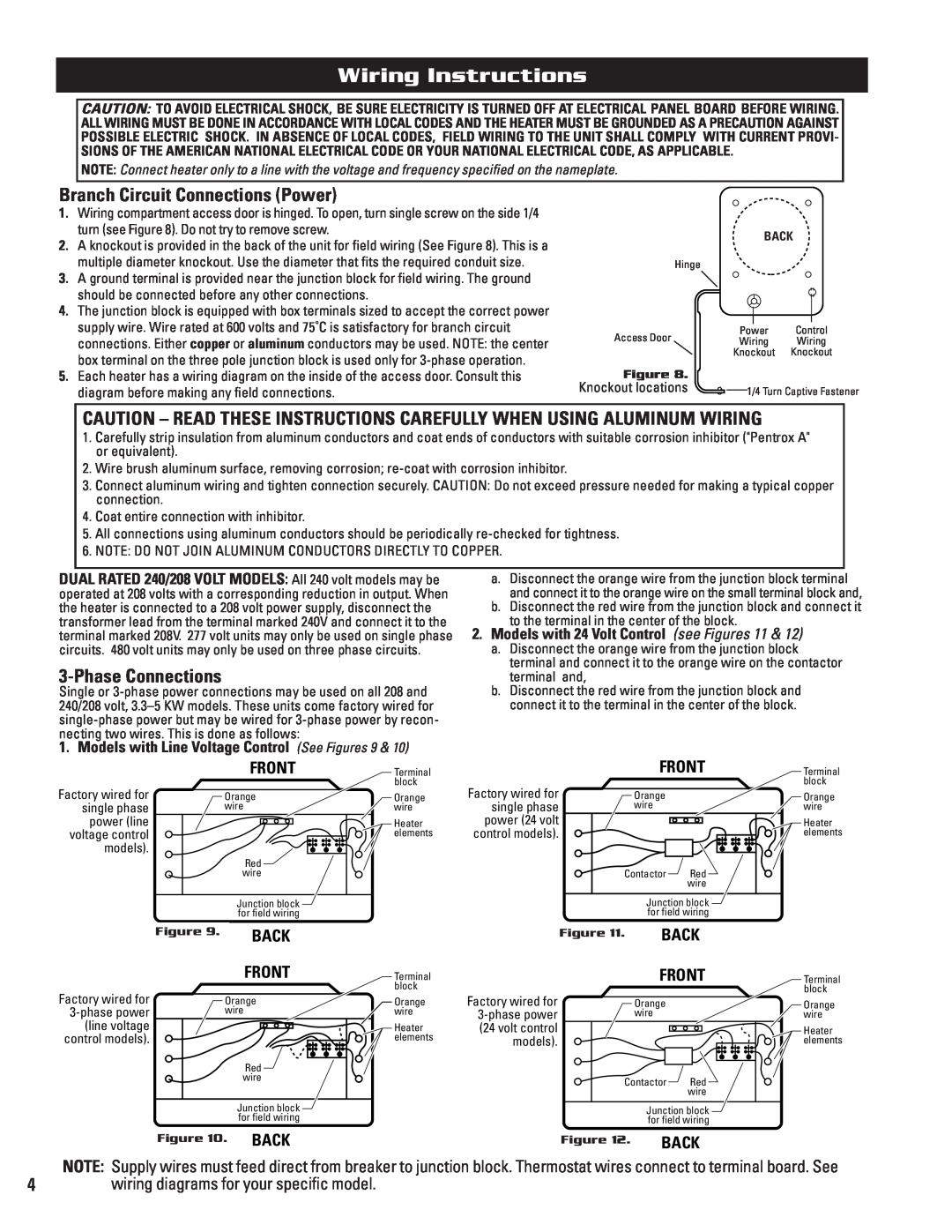 Cadet CEH-005PB, CEH-005MB, CEH-003R warranty Wiring Instructions, Branch Circuit Connections Power, Phase Connections, Front 