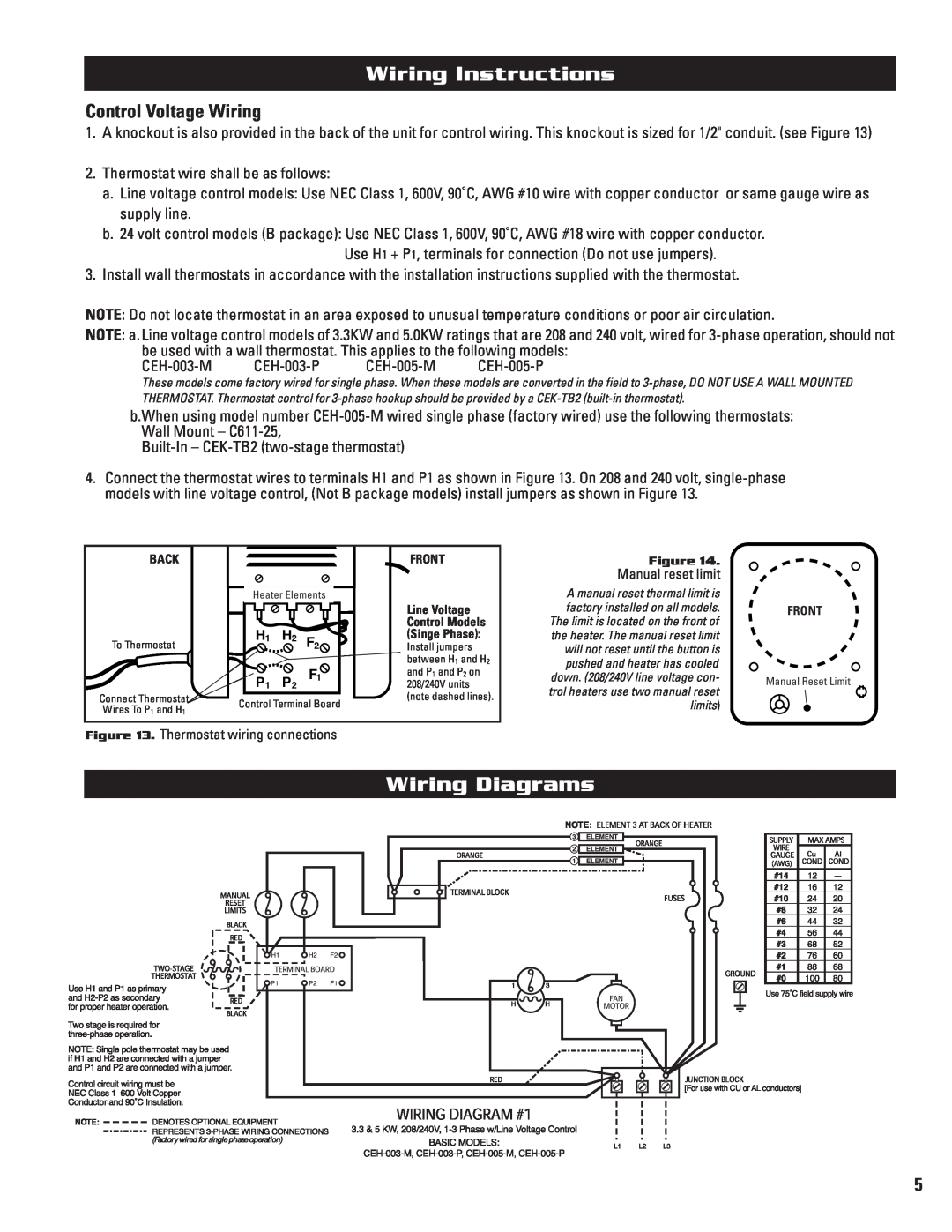Cadet CEH-003PB, CEH-005MB, CEH-003R, CEH-005PB, CEH-003M Wiring Diagrams, Control Voltage Wiring, Wiring Instructions 