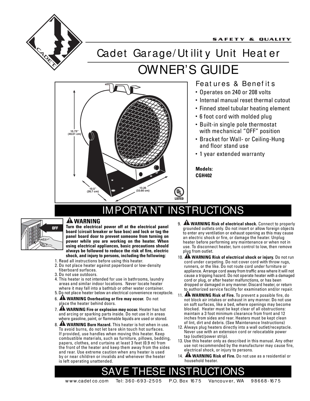 Cadet CGH402 warranty OWNER’S Guide, Important Instructions 