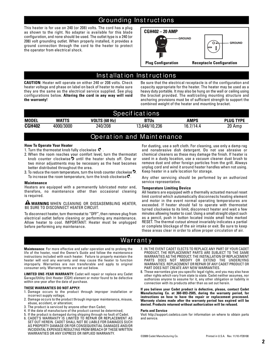 Cadet CGH402 Grounding Instructions, Installation Instructions, Specifications, Operation and Maintenance, Warranty 