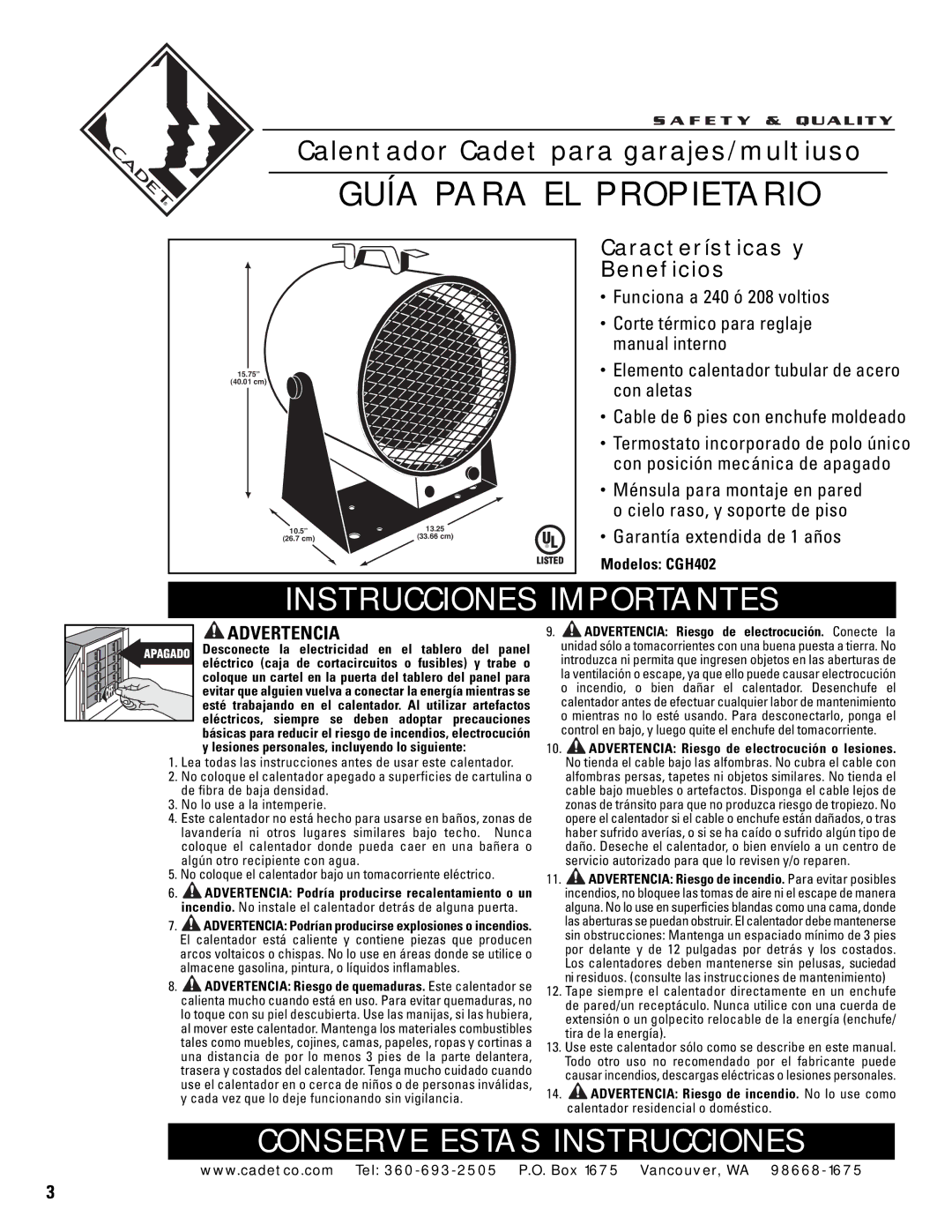 Cadet CGH402 warranty Instrucciones Importantes, Conserve Estas Instrucciones 