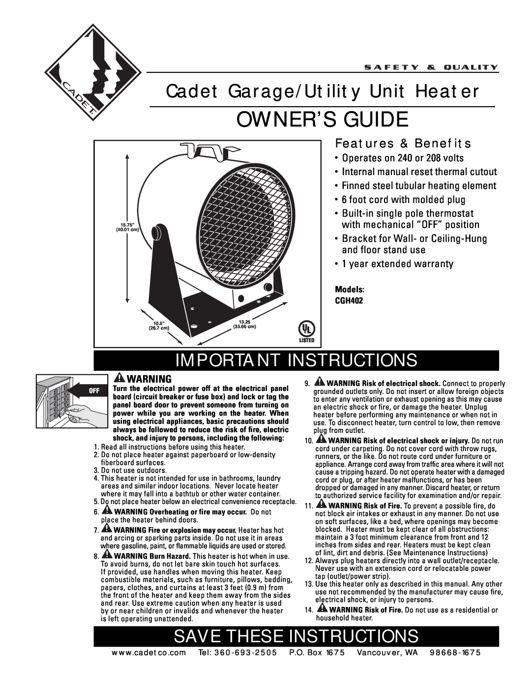 Cadet warranty Cadet Garage/Utility Unit Heater, Important Instructions, Save These Instructions, Models CGH402 