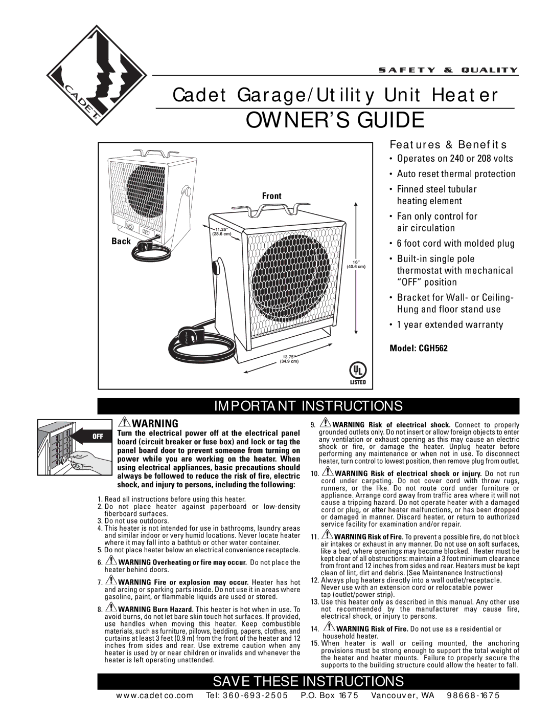 Cadet CGH562 warranty OWNER’S Guide 