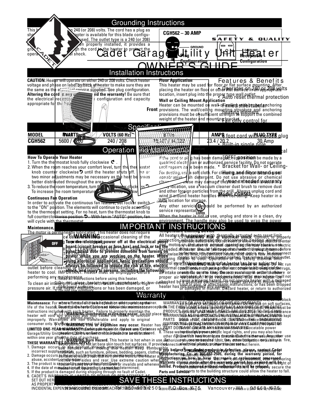 Cadet CGH562 Grounding Instructions, Installation Instructions, Specifications, Operation and Maintenance, Warranty 