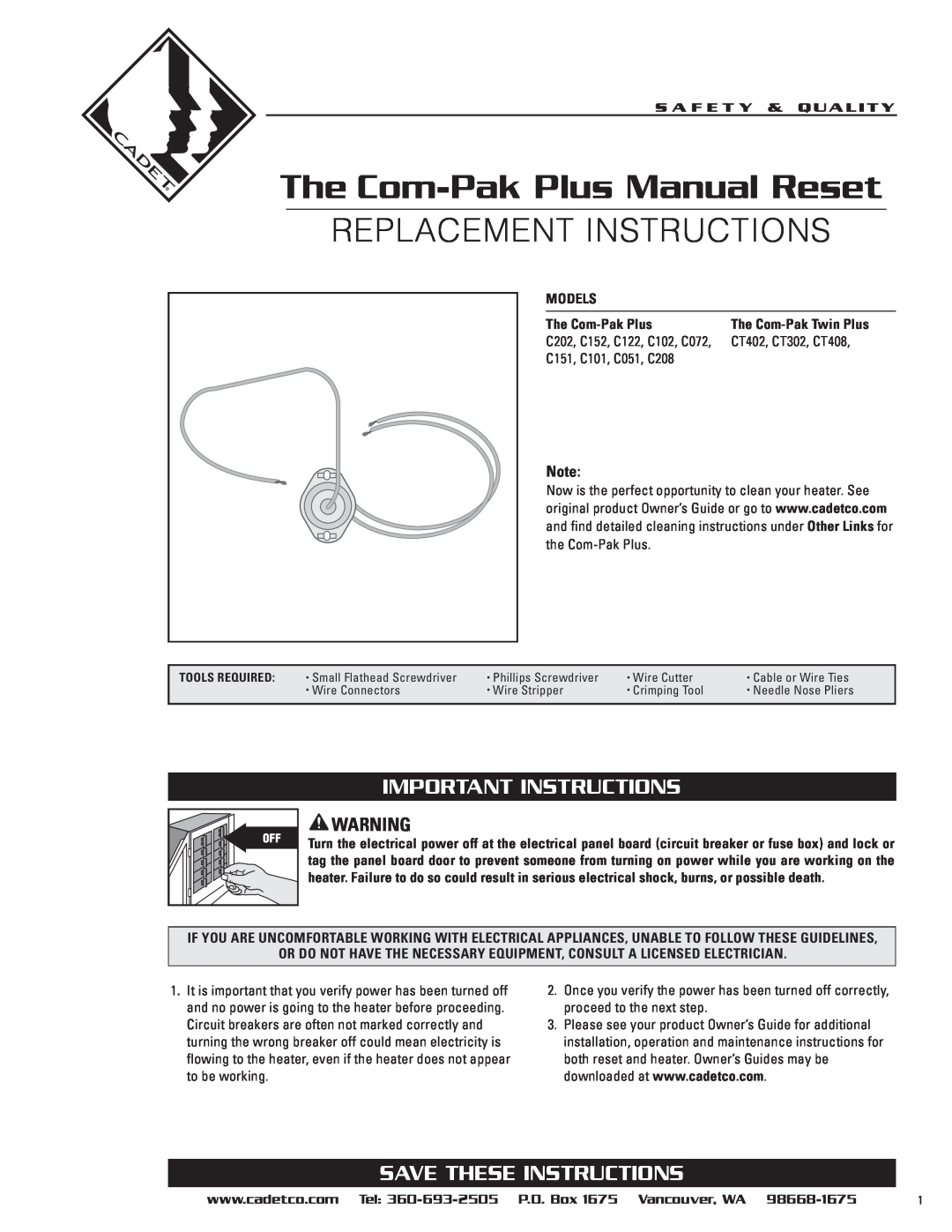 Cadet CT302, CT408, CT402 manual Important Instructions, Save These Instructions, Models, The Com-PakPlus Manual Reset 
