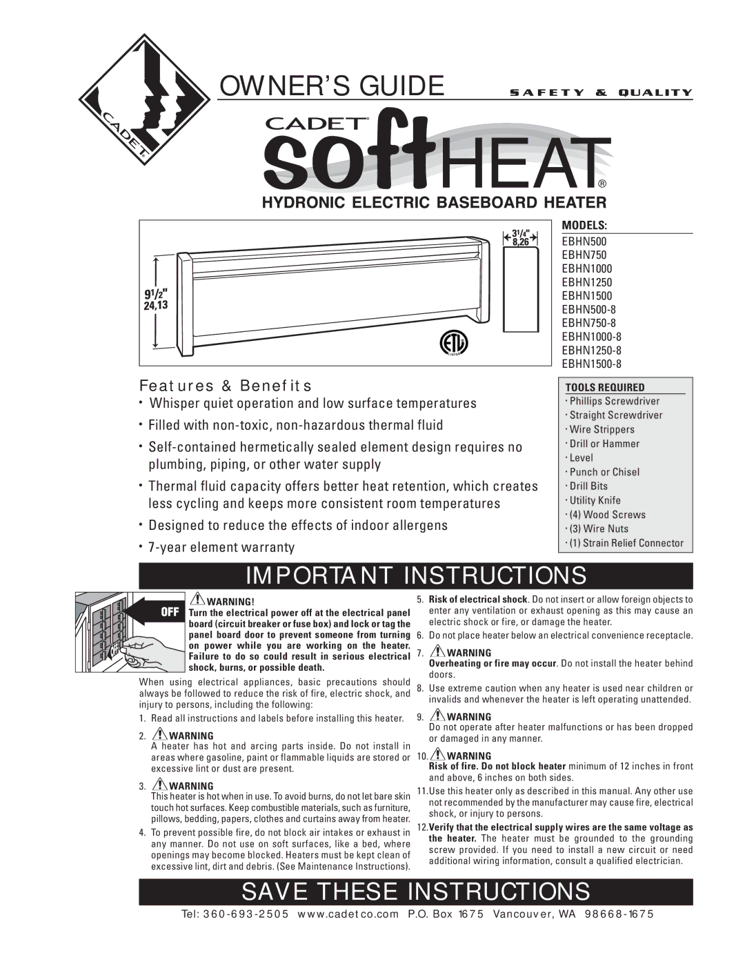 Cadet EBHN750-8, EBHN500-8, EBHN1500-8, EBHN1250, EBHN1000 warranty Important Instructions, Models, Tools Required 