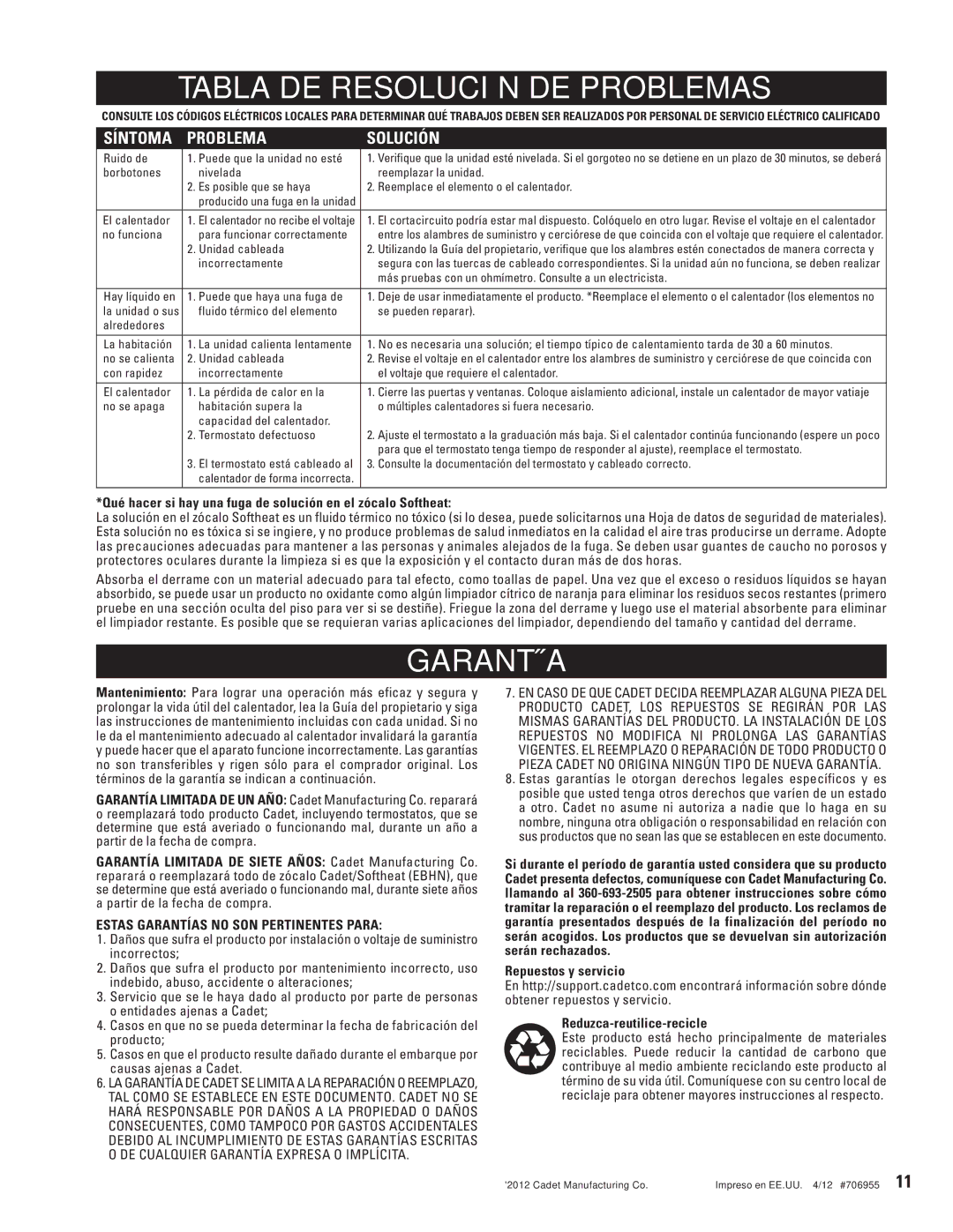 Cadet EBHN1500, EBHN750-8, EBHN500-8, EBHN1250 Tabla DE Resolución DE Problemas, Estas Garantías no SON Pertinentes Para 