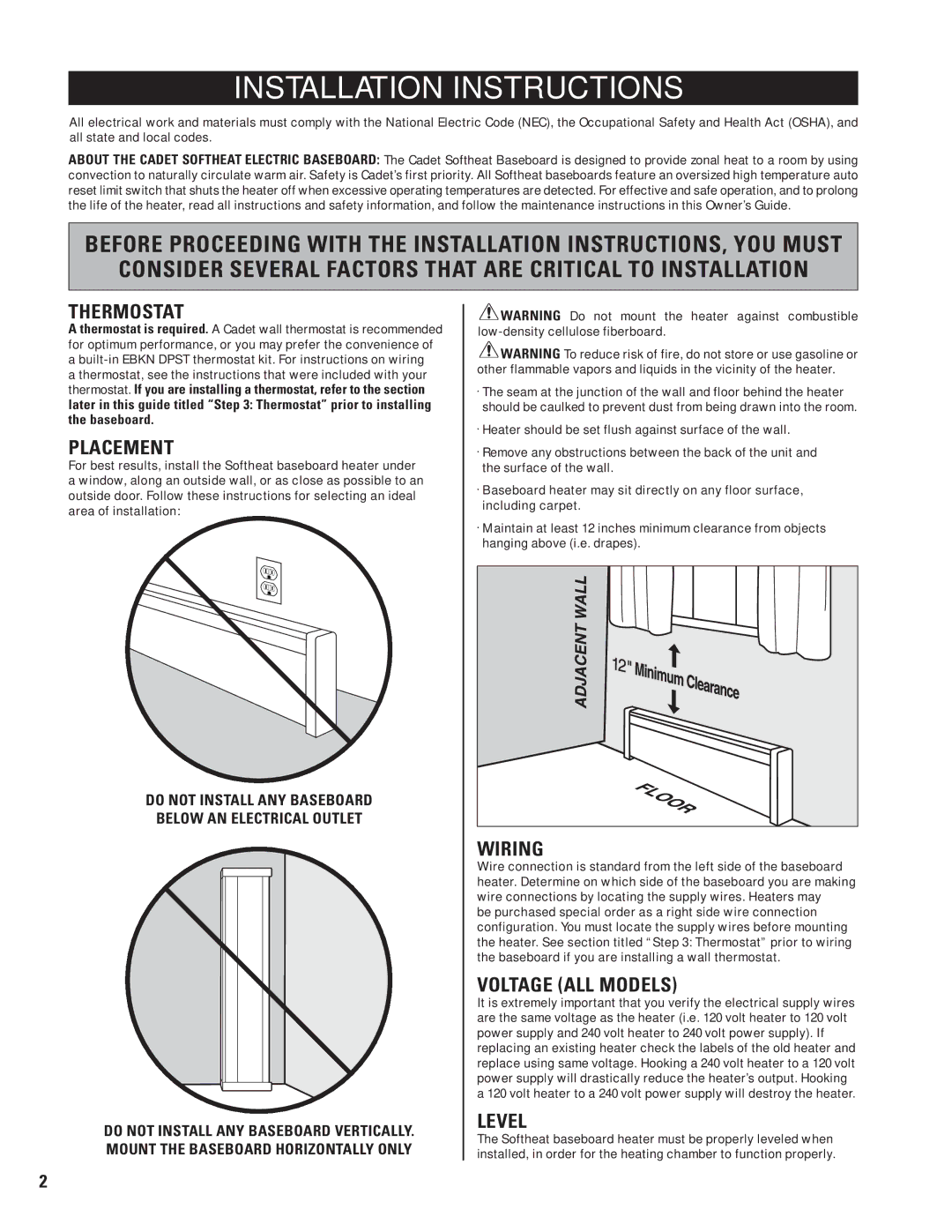 Cadet EBHN500-8, EBHN750-8, EBHN1500-8 Installation Instructions, Thermostat, Placement, Voltage ALL Models, Level 