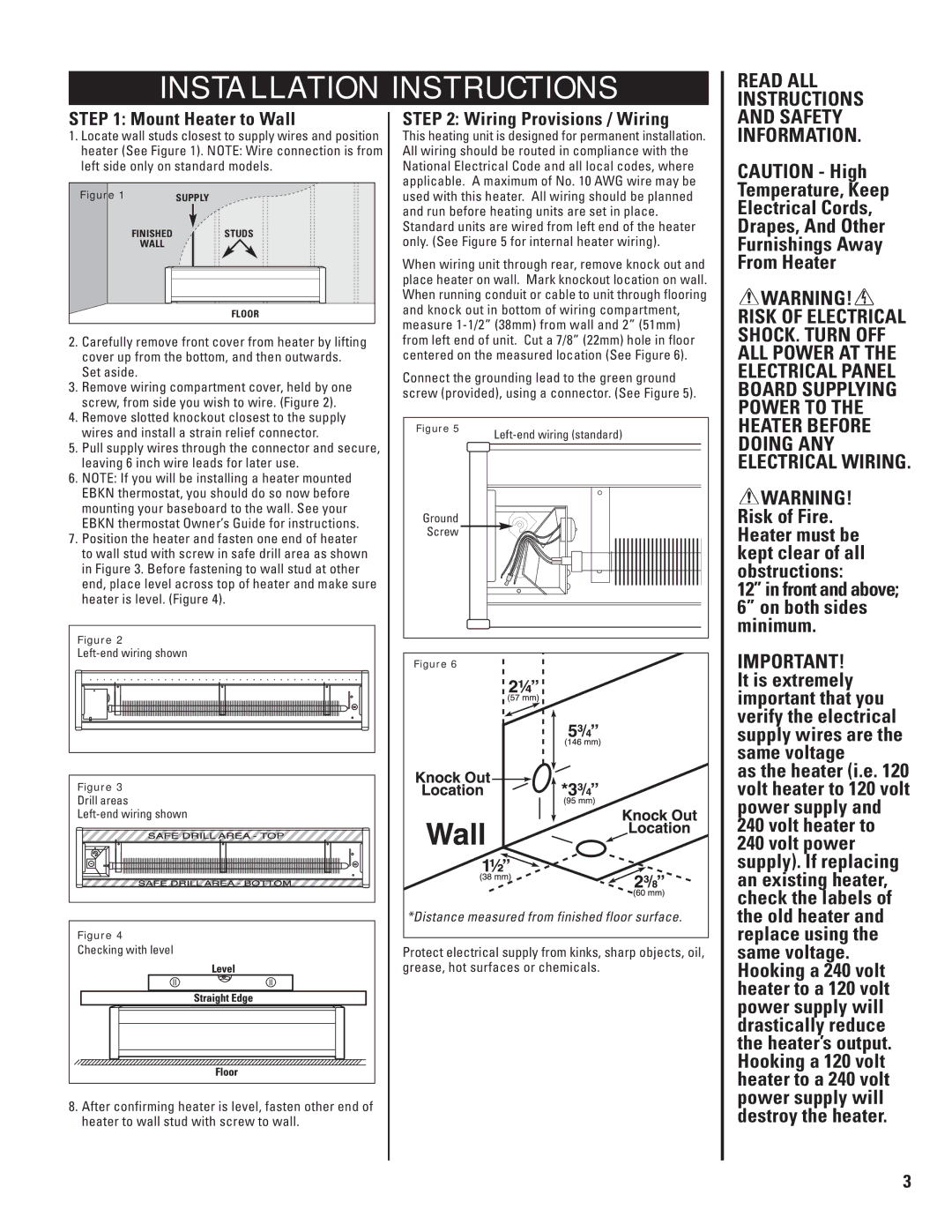 Cadet EBHN1500-8, EBHN750-8, EBHN500-8, EBHN1250 warranty Safety Information, Mount Heater to Wall, Wiring Provisions / Wiring 