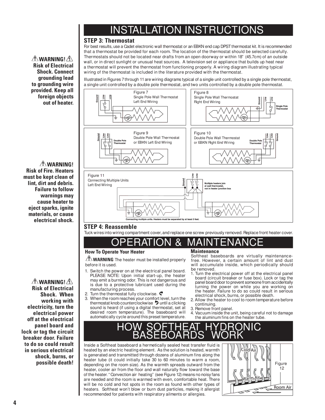 Cadet EBHN1500, EBHN750-8 warranty Operation & Maintenance, HOW Softheat Hydronic Baseboards Work, Thermostat, Reassemble 