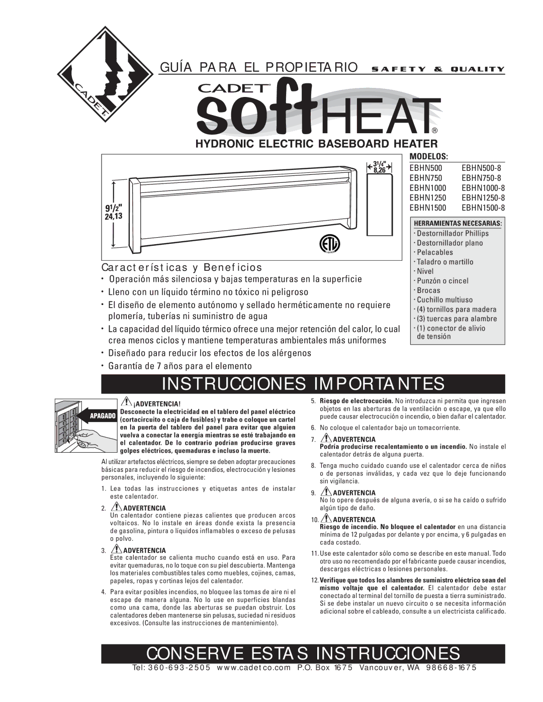 Cadet EBHN1250, EBHN1500 Instrucciones Importantes, Conserve Estas Instrucciones, Características y Beneficios, Modelos 