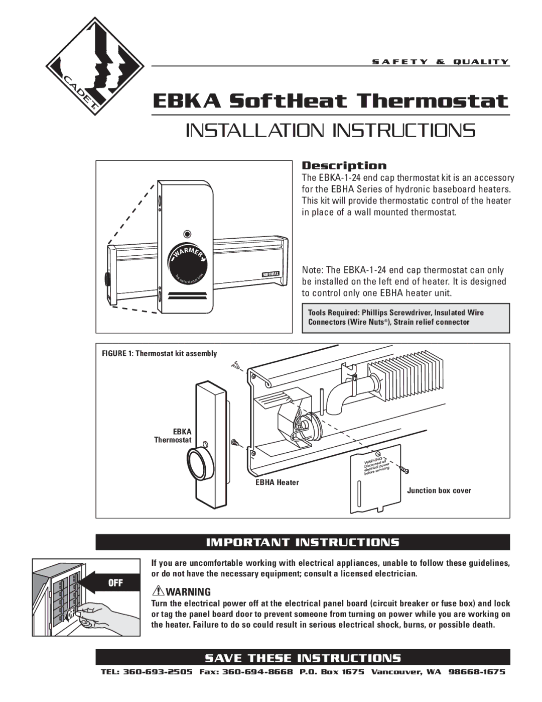 Cadet EBKA-1-24 installation instructions Ebka SoftHeat Thermostat 