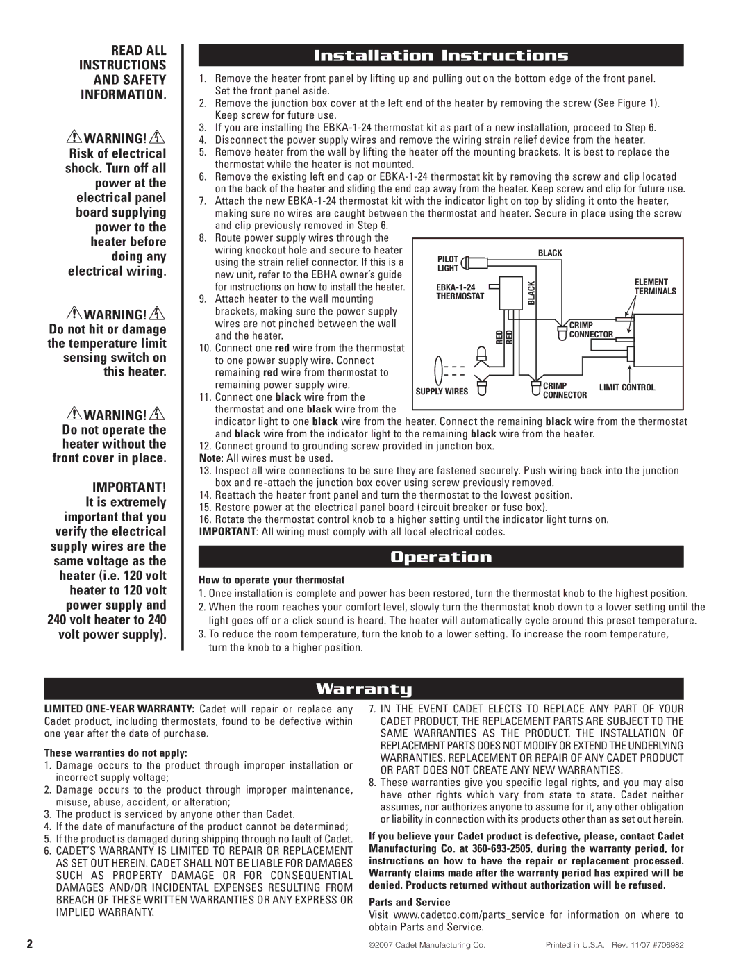 Cadet EBKA-1-24 installation instructions Installation Instructions, Operation, Warranty 