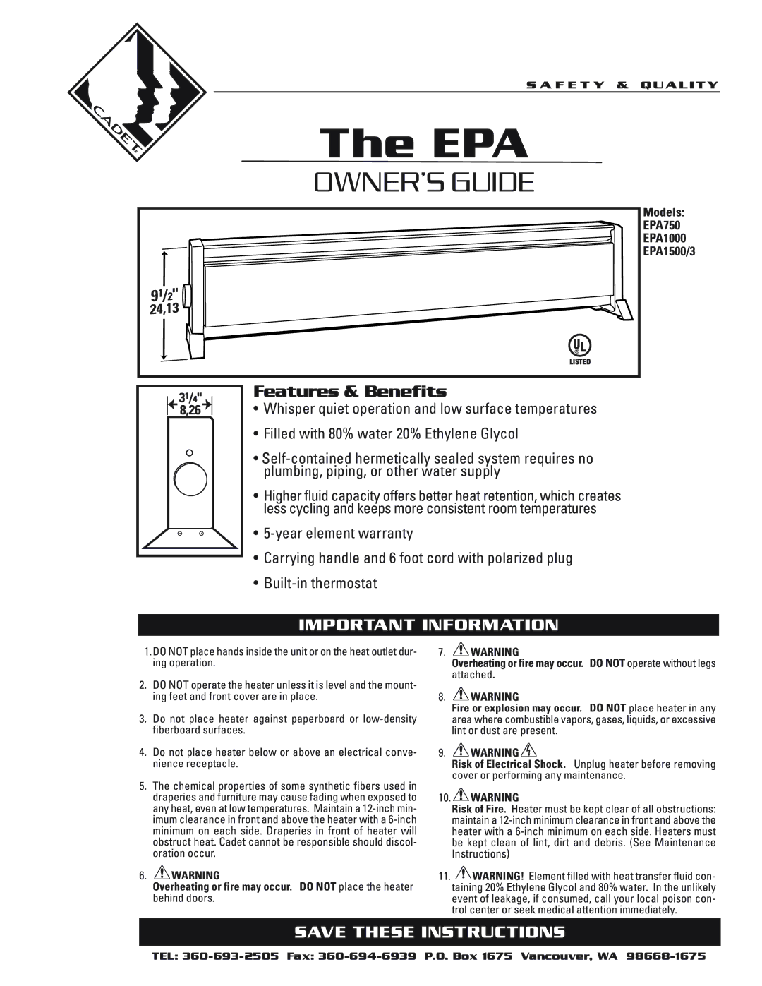 Cadet EPA1000, EPA750, EPA1500/3 warranty OWNER’S Guide, Features & Benefits, Important Information 