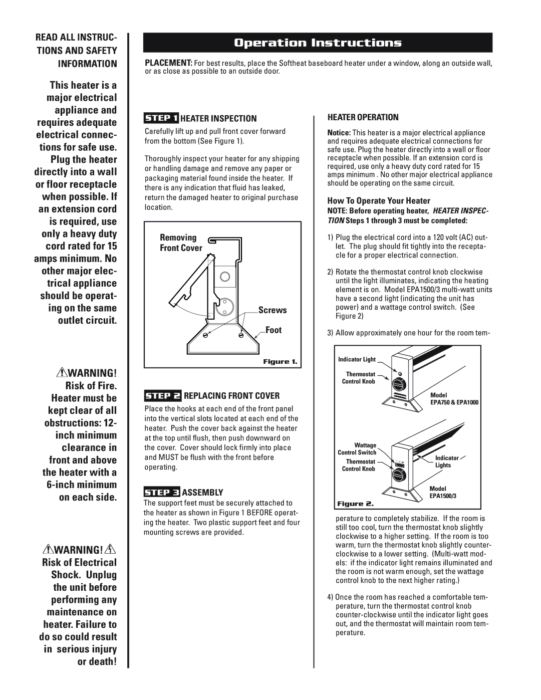 Cadet EPA1500/3, EPA750, EPA1000 warranty Operation Instructions, Removing Front Cover Screws Foot 