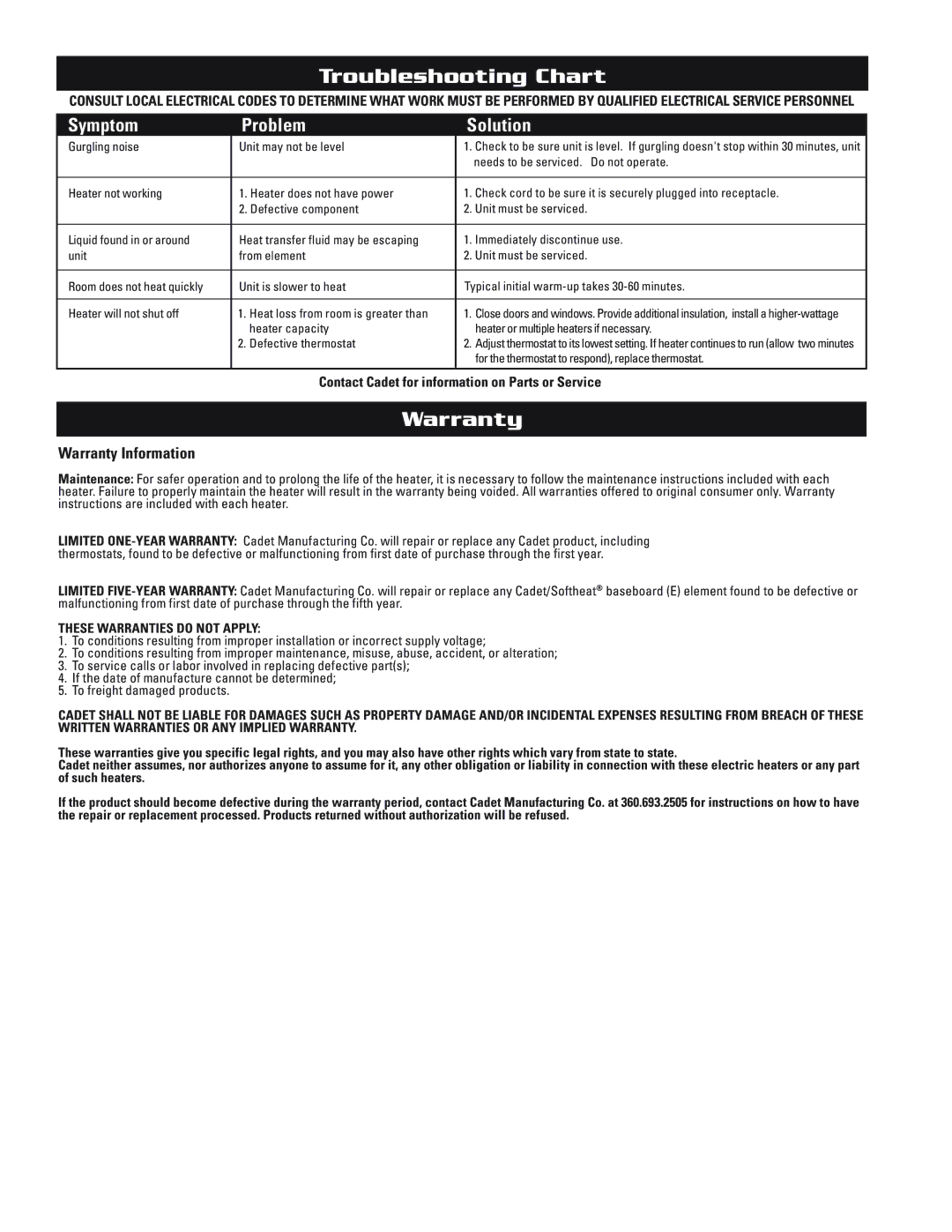 Cadet EPA1000, EPA750, EPA1500/3 warranty Troubleshooting Chart, Symptom Problem Solution, Warranty Information 