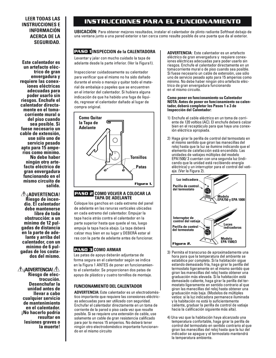 Cadet EPA750, EPA1000 Instrucciones Para EL Funcionamiento, Removing, Paso 2 Como Volver a Colocar LA Tapa DE Adelante 