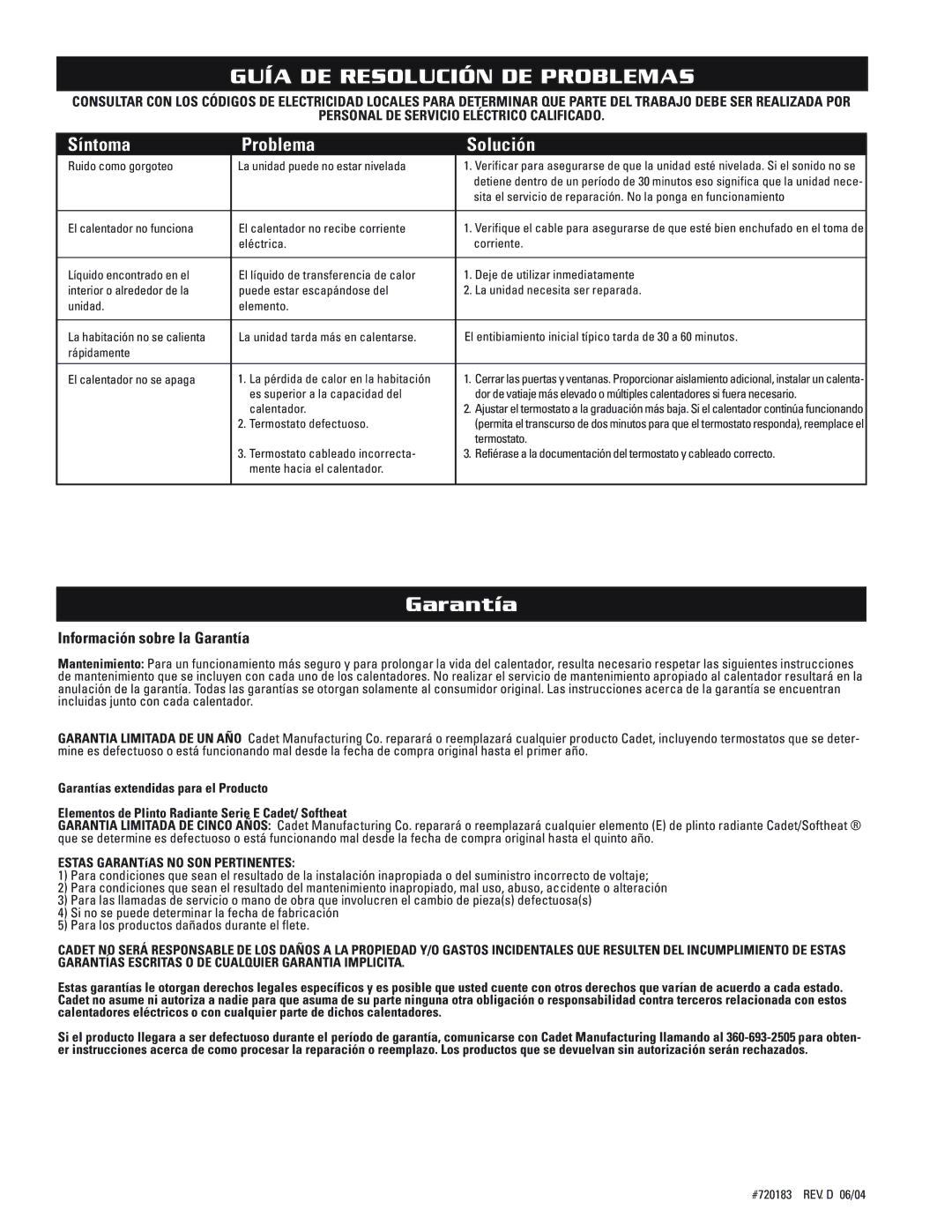 Cadet EPA1500/3, EPA750 Guía DE Resolución DE Problemas, Síntoma Problema Solución, Información sobre la Garantía 