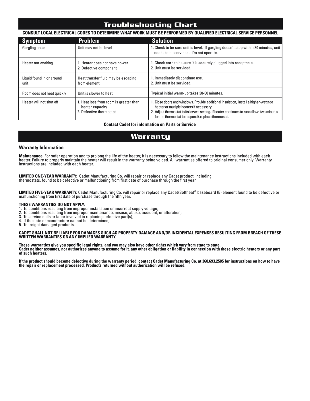 Cadet EPA1000, EPA750, EPA1500/3 warranty Troubleshooting Chart, Symptom, Problem, Solution, Warranty Information 