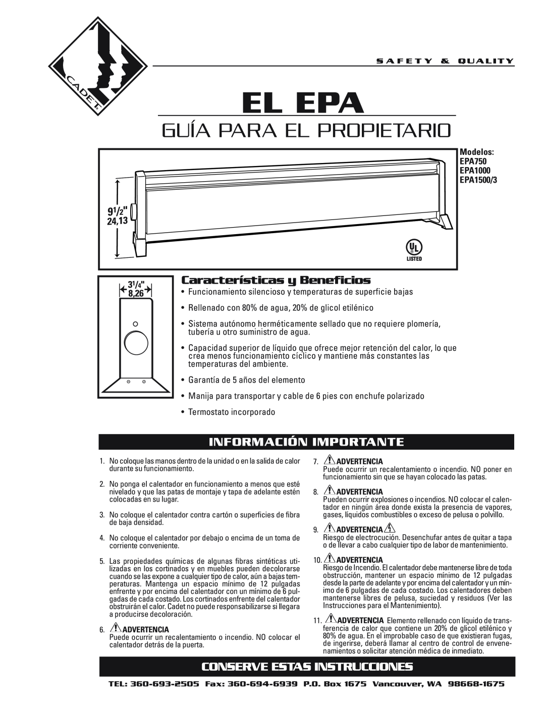 Cadet EPA1500/3 El Epa, Guía Para El Propietario, Características y Beneficios, Información Importante, 31/4, 8,26, 24,13 