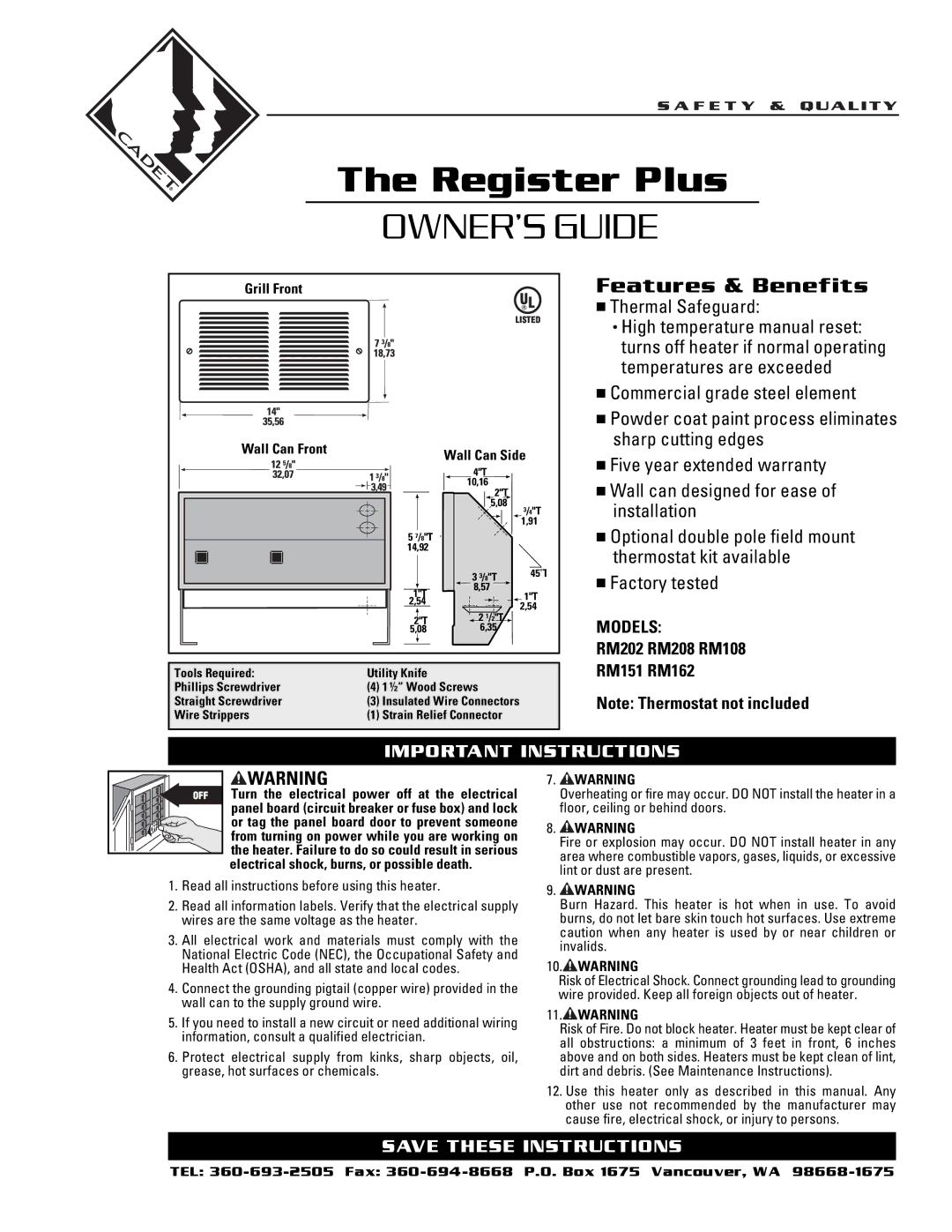 Cadet RM162, RM208, RM202, RM108 warranty OWNER’S Guide, Features & Benefits, Thermal Safeguard, Important Instructions 