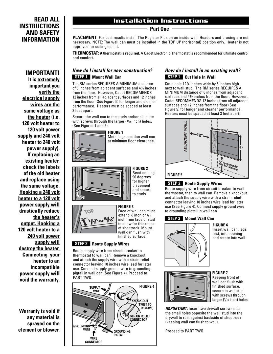 Cadet RM202, RM208, RM162, RM108, RM151 warranty Installation Instructions, Part One, Step 