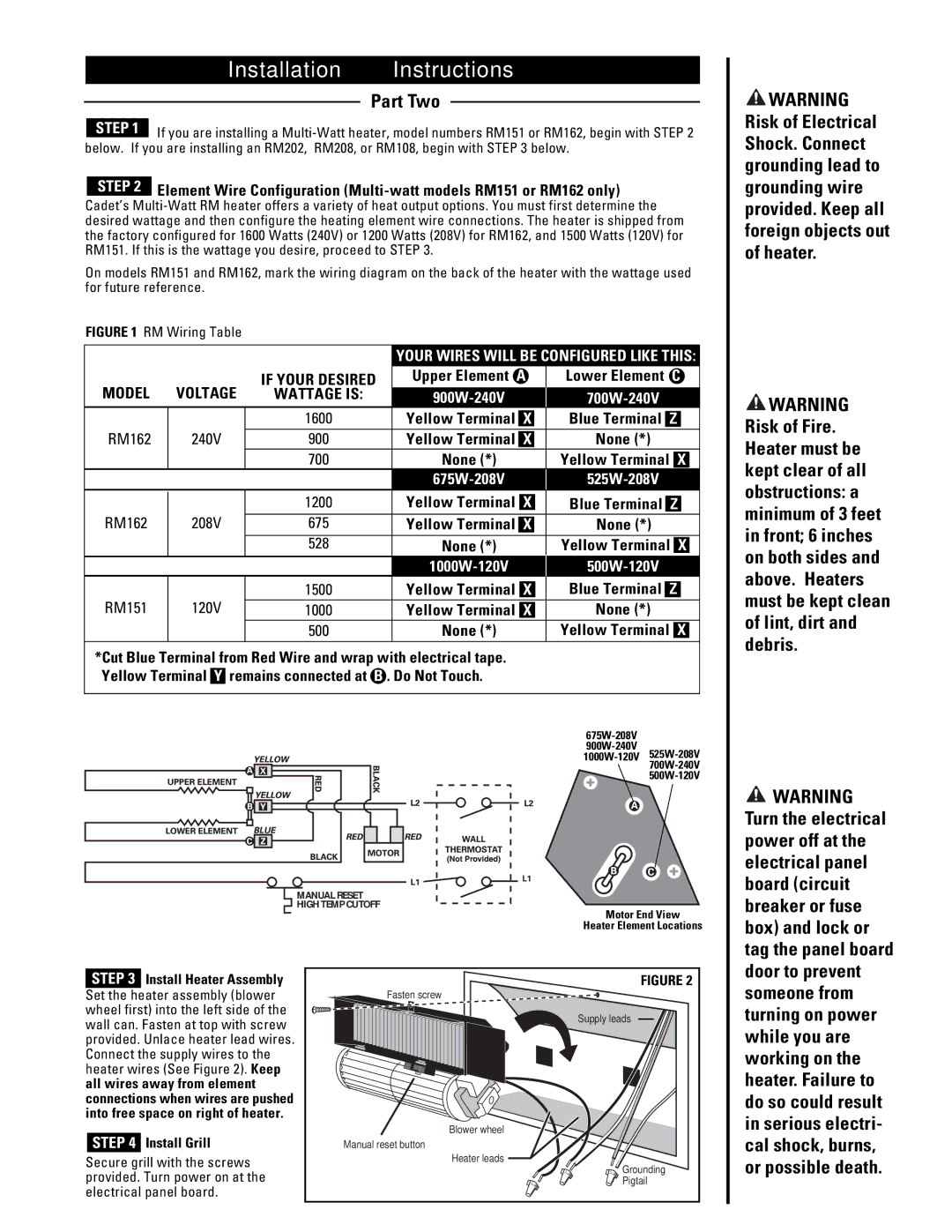 Cadet RM108, RM208, RM162, RM202, RM151 warranty Part Two, Model, Wattage is, 900W-240V 700W-240V, 1000W-120V 500W-120V 